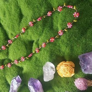 Hand Crafted Dainty Floral Necklace, 18 Inch, Pink And Red, By Rust Belt Raised